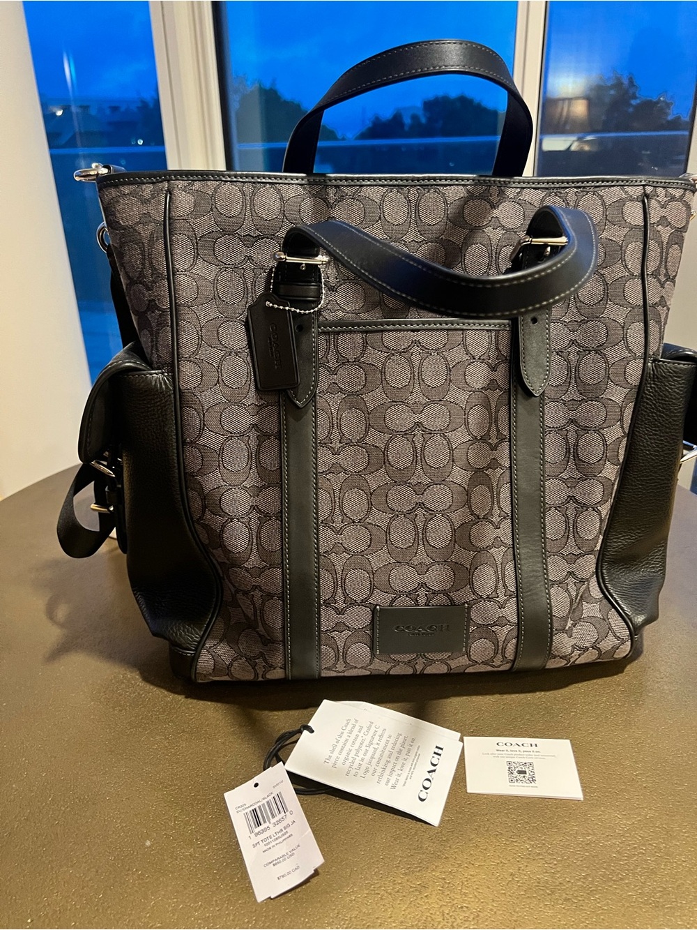 Coach Sprint Signature Tote Bag Charcoal/ Black with Black Leather Trim